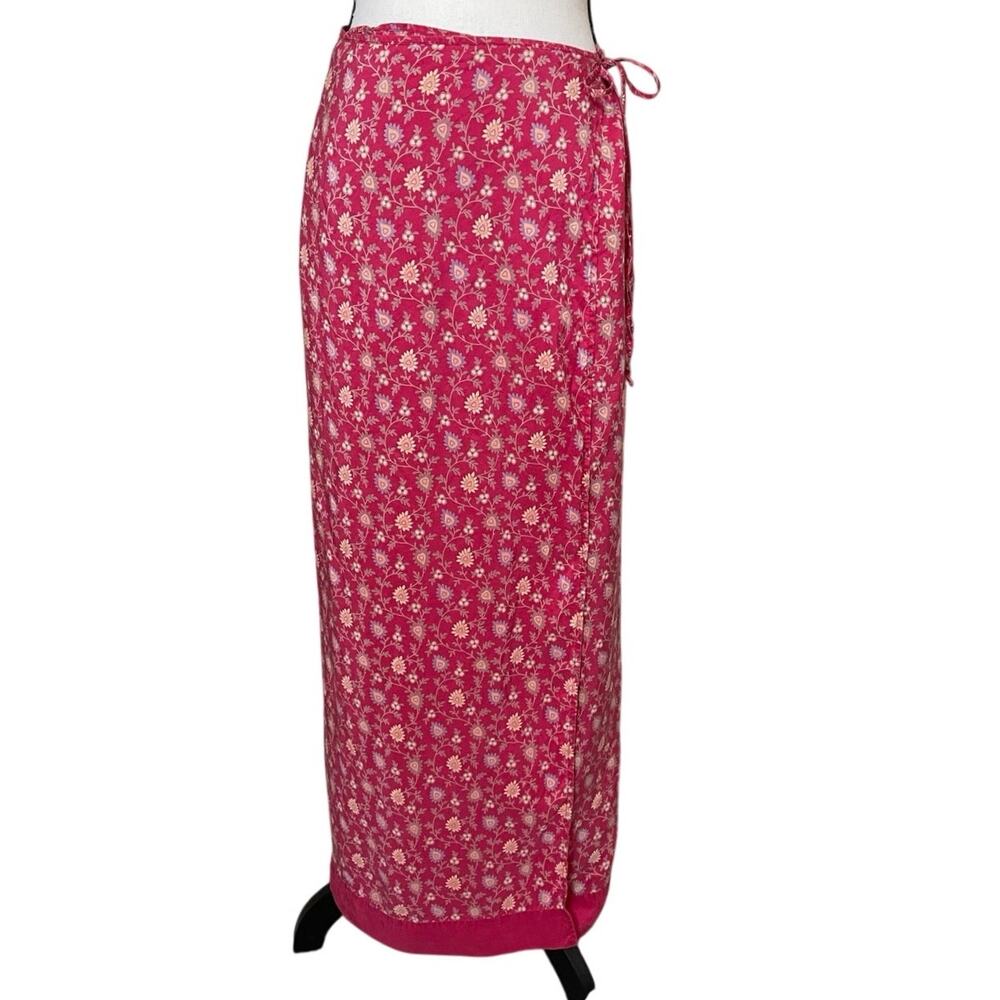 Vtg Express 100% Silk Red Floral Maxi Wrap Skirt 90s Fairy Grunge Cottagecore